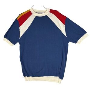 OXKNIT Mens 3XL Short Sleeve Cotton Sweater Blue Colorblock Retro Crew Neck Top